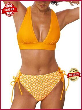 Women's Bikini Set V-Neck Triangle Top Wide Straps Cross Back Lace Up
